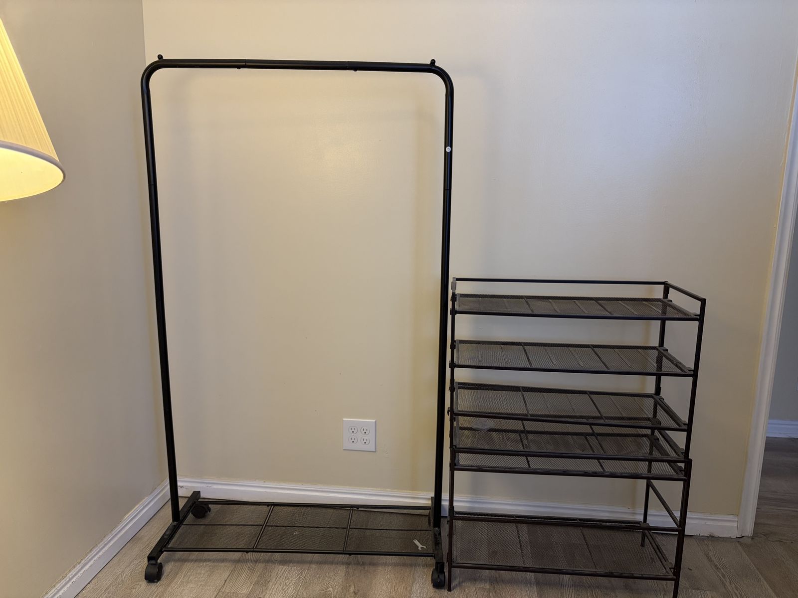 Black Metal Rolling Garment Rack and 5-Tier Mesh Shelving Unit