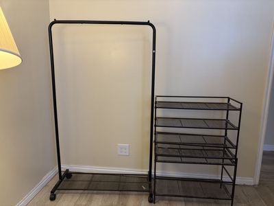 Black Metal Rolling Garment Rack and 5-Tier Mesh Shelving Unit