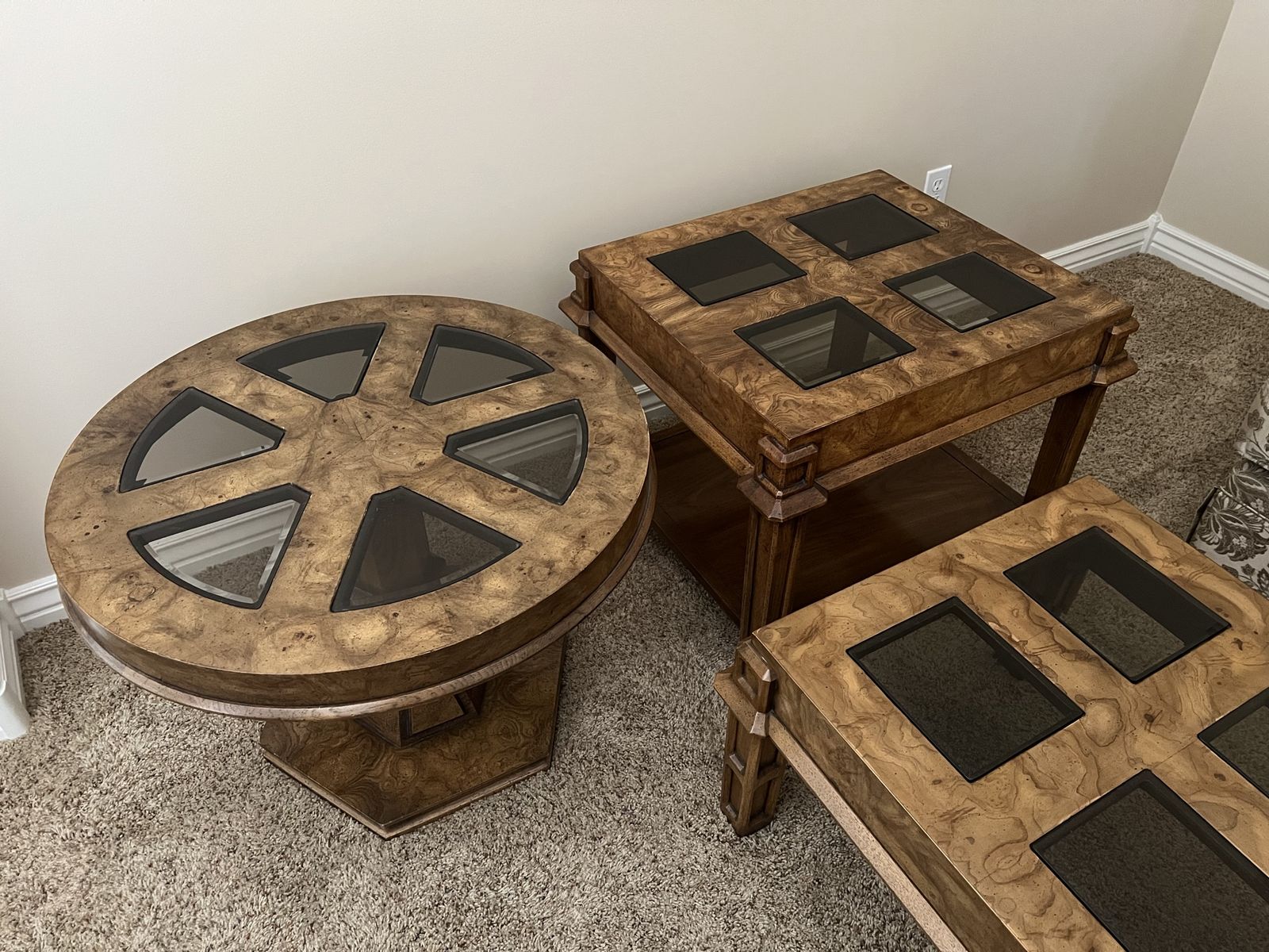 Vintage Burl Wood & Smoked Glass Coffee Table Set - 3 Pieces