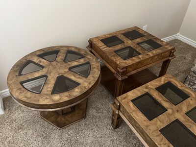 Vintage Burl Wood & Smoked Glass Coffee Table Set - 3 Pieces
