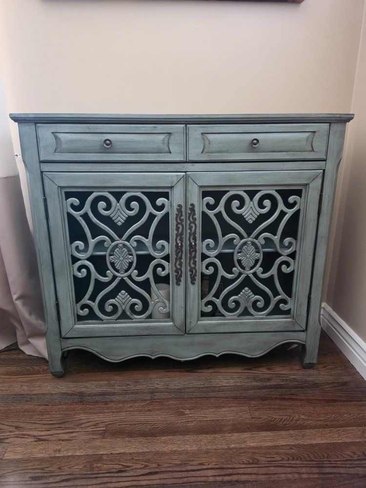 Shabby Chic Teal Cabinet 36" H, 40" L, 11" Depth - 2 Drawers, 2 Doors with Decorative Scrollwork, with Shelf