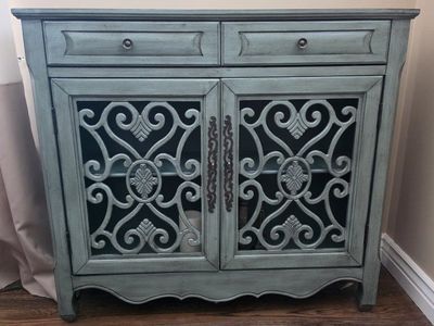 Shabby Chic Teal Cabinet 36" H, 40" L, 11" Depth - 2 Drawers, 2 Doors with Decorative Scrollwork, with Shelf