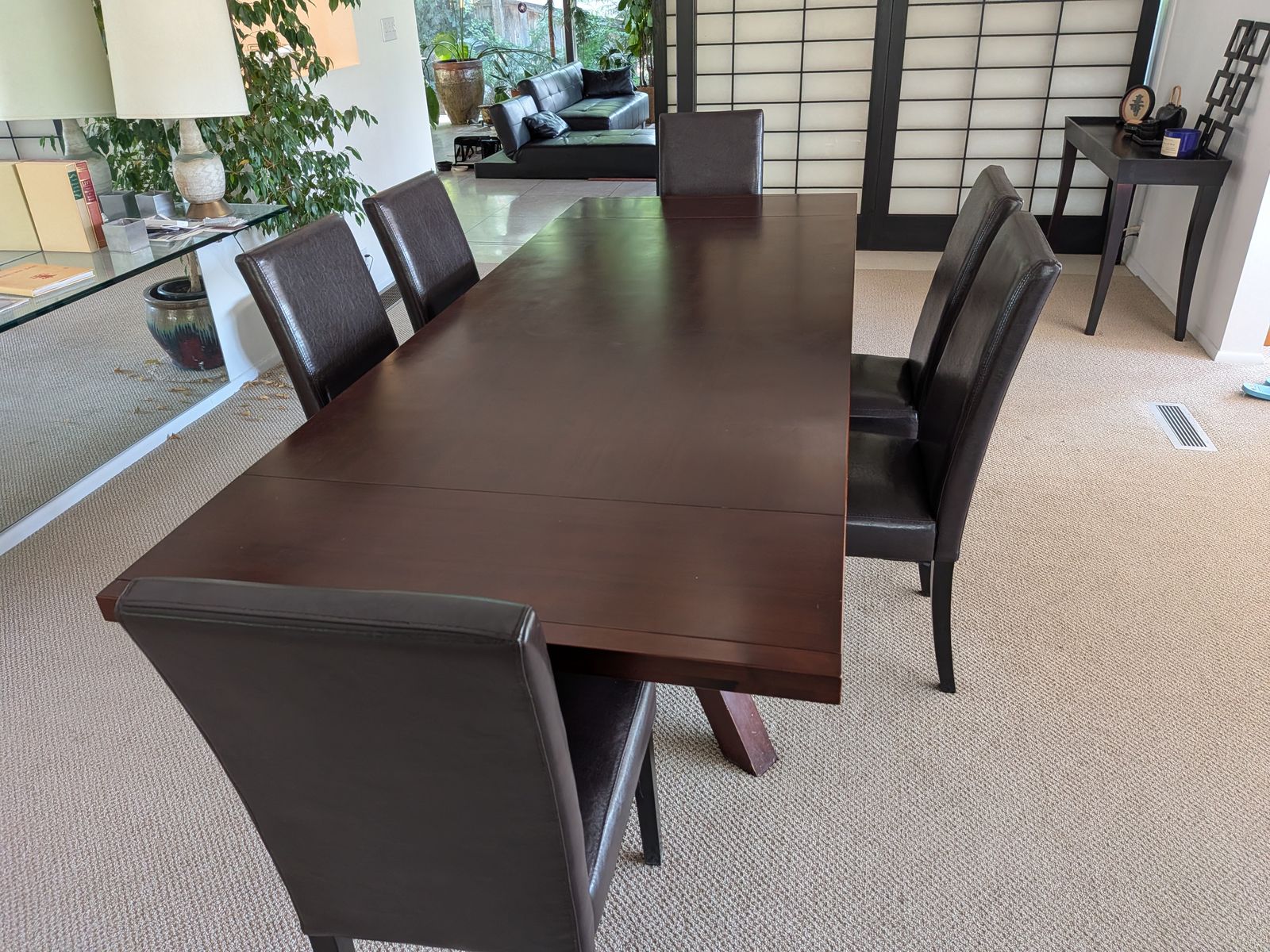 Full Set of 6 Faux Leather Dining Chairs, Dark Wood Finish