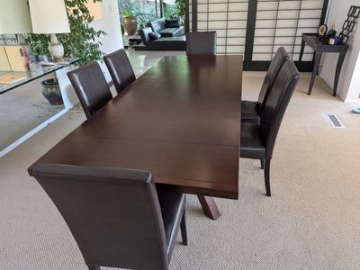 Full Set of 6 Faux Leather Dining Chairs, Dark Wood Finish