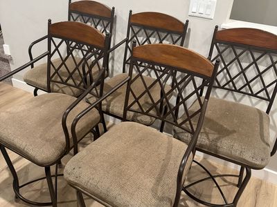 Set of 5 Metal and Wood Counter Height Bar Stools with Padded Seats