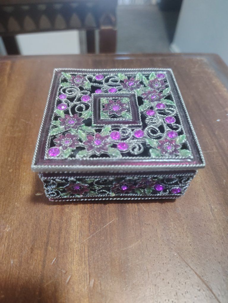 Decorative Metal Trinket Box with Purple Rhinestones and Floral Filigree