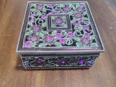 Decorative Metal Trinket Box with Purple Rhinestones and Floral Filigree