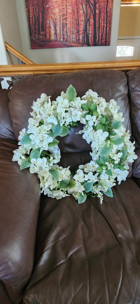 Artificial White Hydrangea Flower Wreath with Green Foliage
