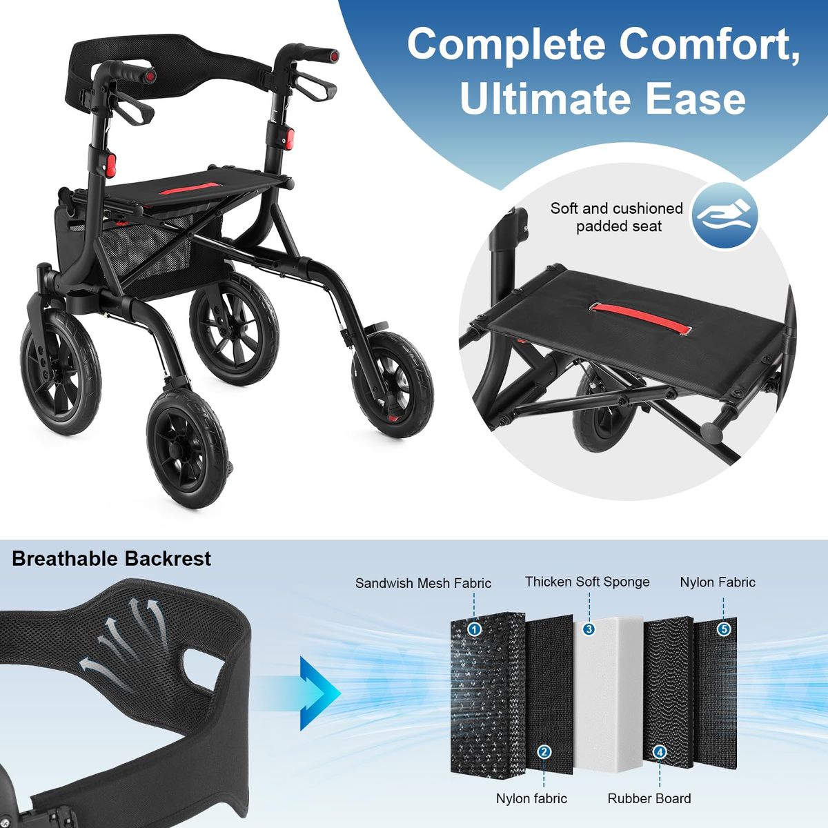 NEW MAXWALK Walkers for Seniors, Rollator Walker with Seat, 12" Big Rubber Wheels All Terrain Rollator Walker