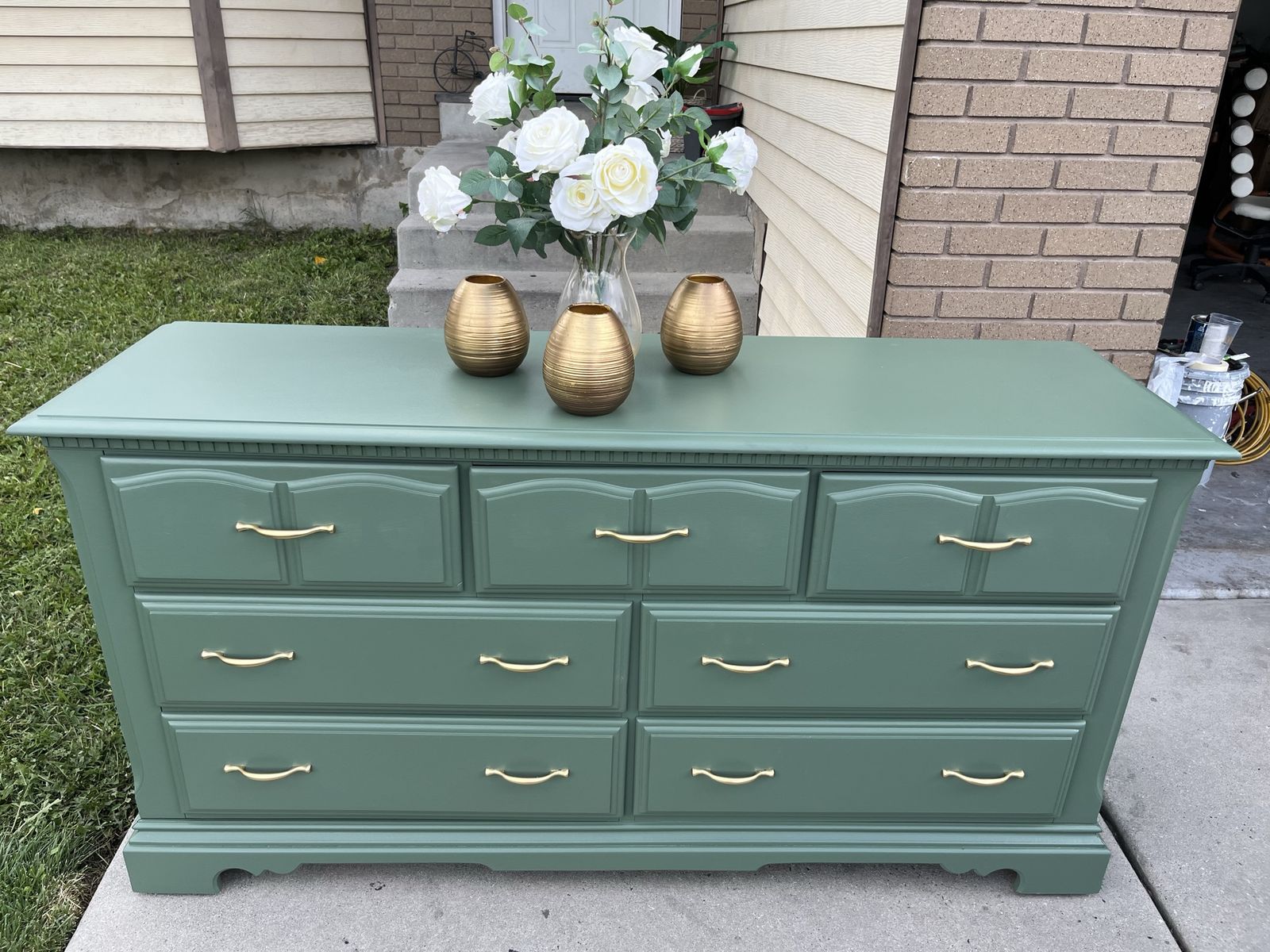 Refurbished Sage Green Dresser with Gold Hardware and Patterned Drawers