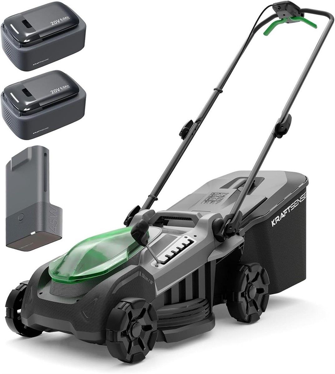 KraftSense 15-Inch 20V Cordless Lawn Mower with Brushless Motor & Dual 5.0Ah Batteries