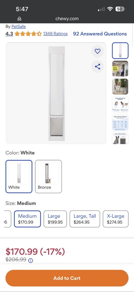 Petsafe sliding Glass, Pet Door, White, Medium