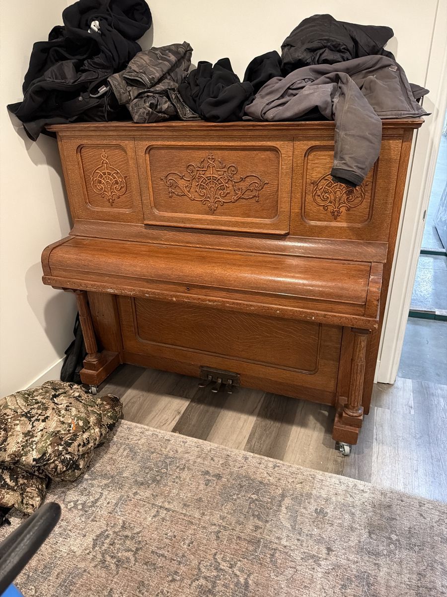 Kimball Ornate Upright Piano - Vintage Wood Finish, Beautiful Carved Details