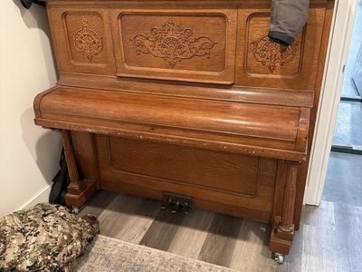 Kimball Ornate Upright Piano - Vintage Wood Finish, Beautiful Carved Details