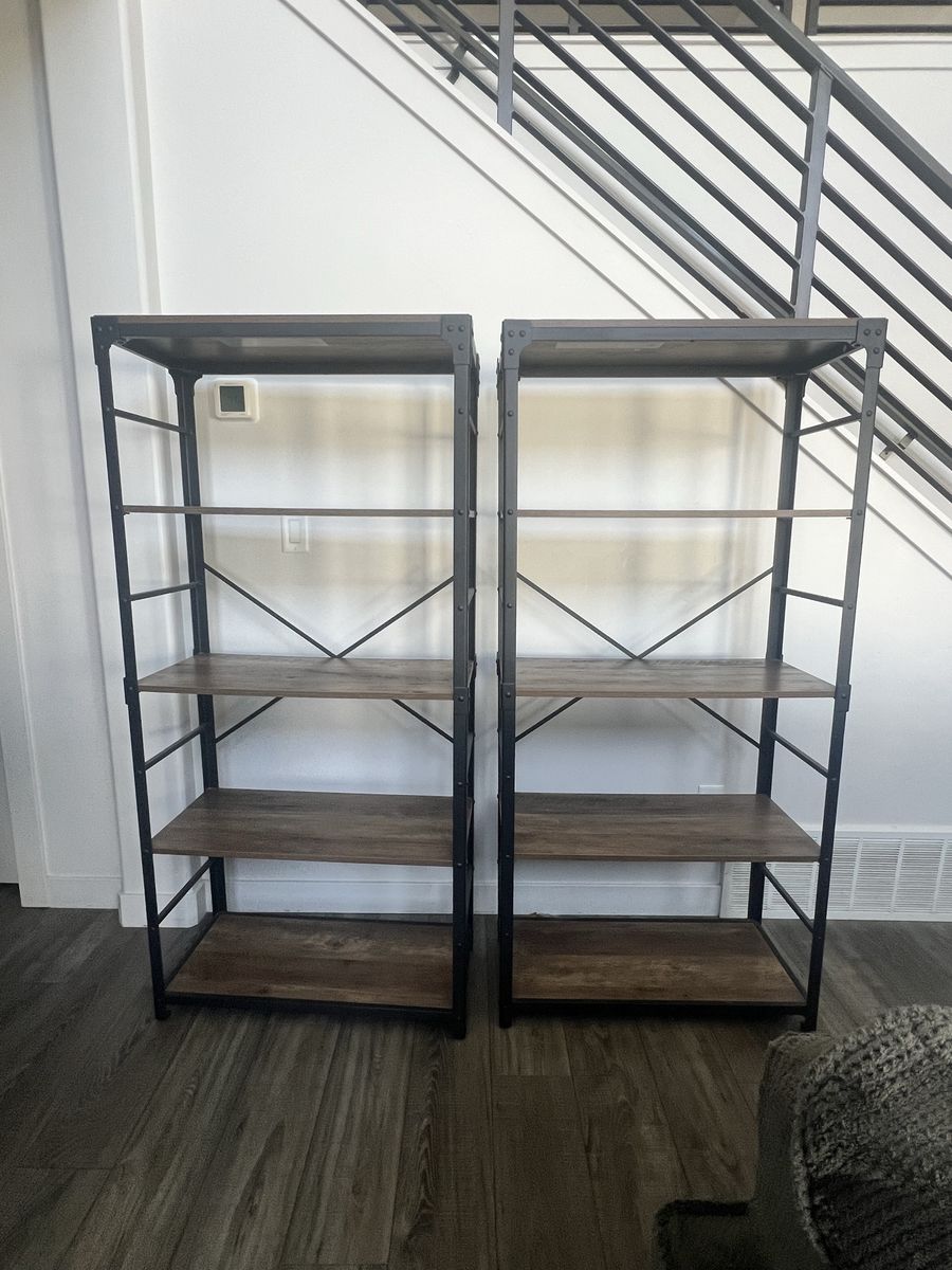 Industrial Style Bookshelves - Set of 2, 4-Tier, Dark Wood & Black Metal Frame