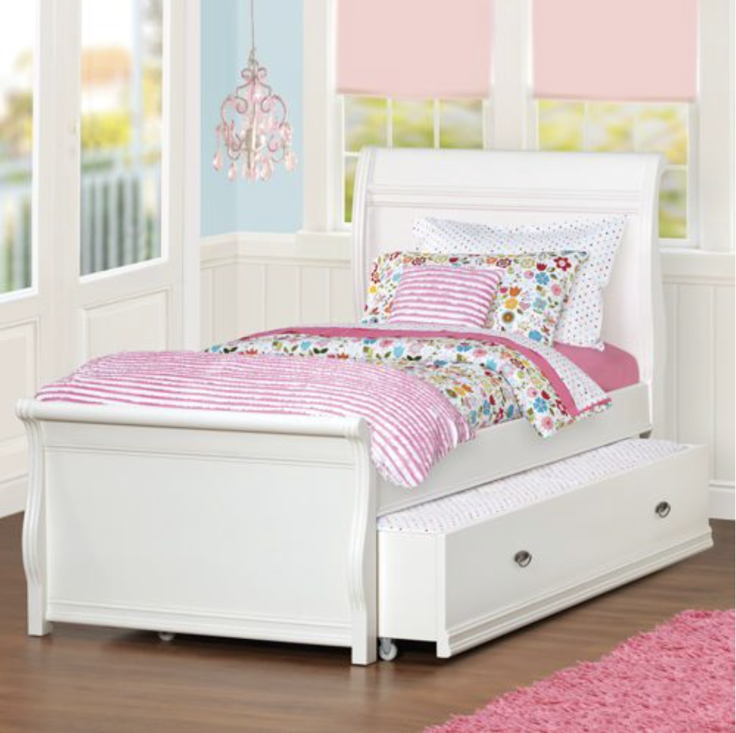 Twin Sleigh Bed with Pull-Out Trundle – Off-White / Cream
