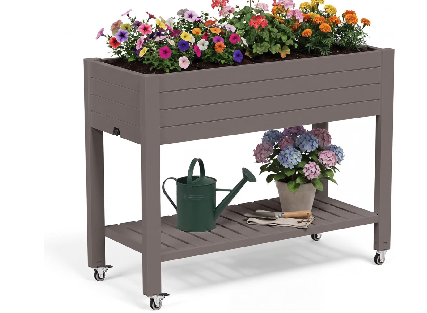 New 33.7" Tall Raised Garden Bed Outdoor with Wheels & Shelf, Divisible Resin Planter Box