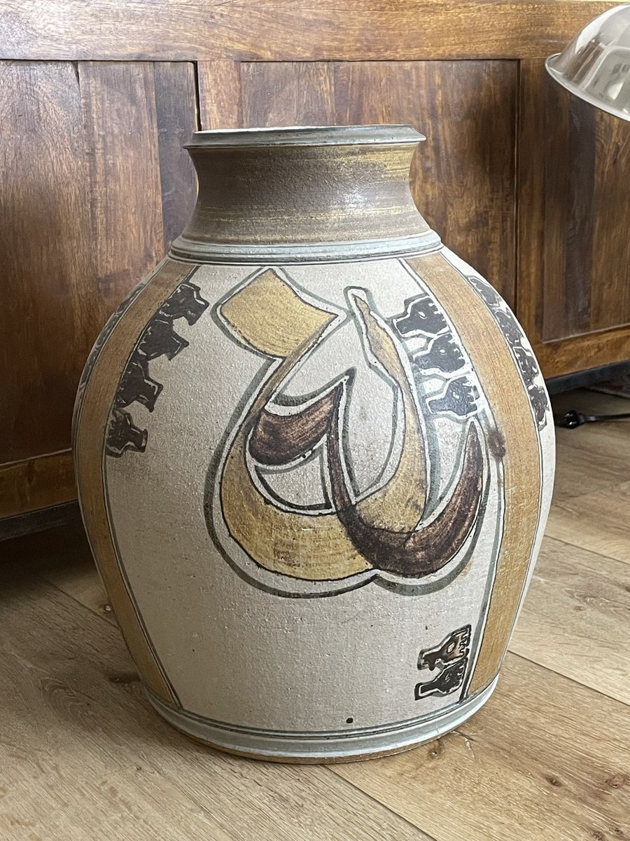 Vintage Hand-Painted Stoneware Pottery Vase - Earth Tones with Abstract Design