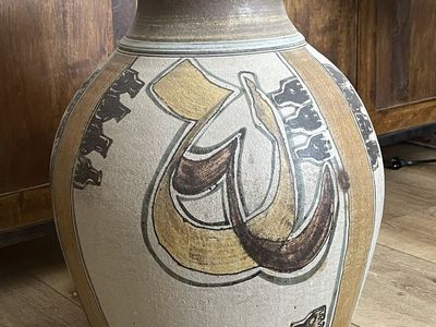 Vintage Hand-Painted Stoneware Pottery Vase - Earth Tones with Abstract Design