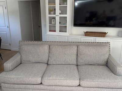 Spacious Gray Fabric Sofa Couch with Nailhead Trim - Excellent Condition, 3-Seater