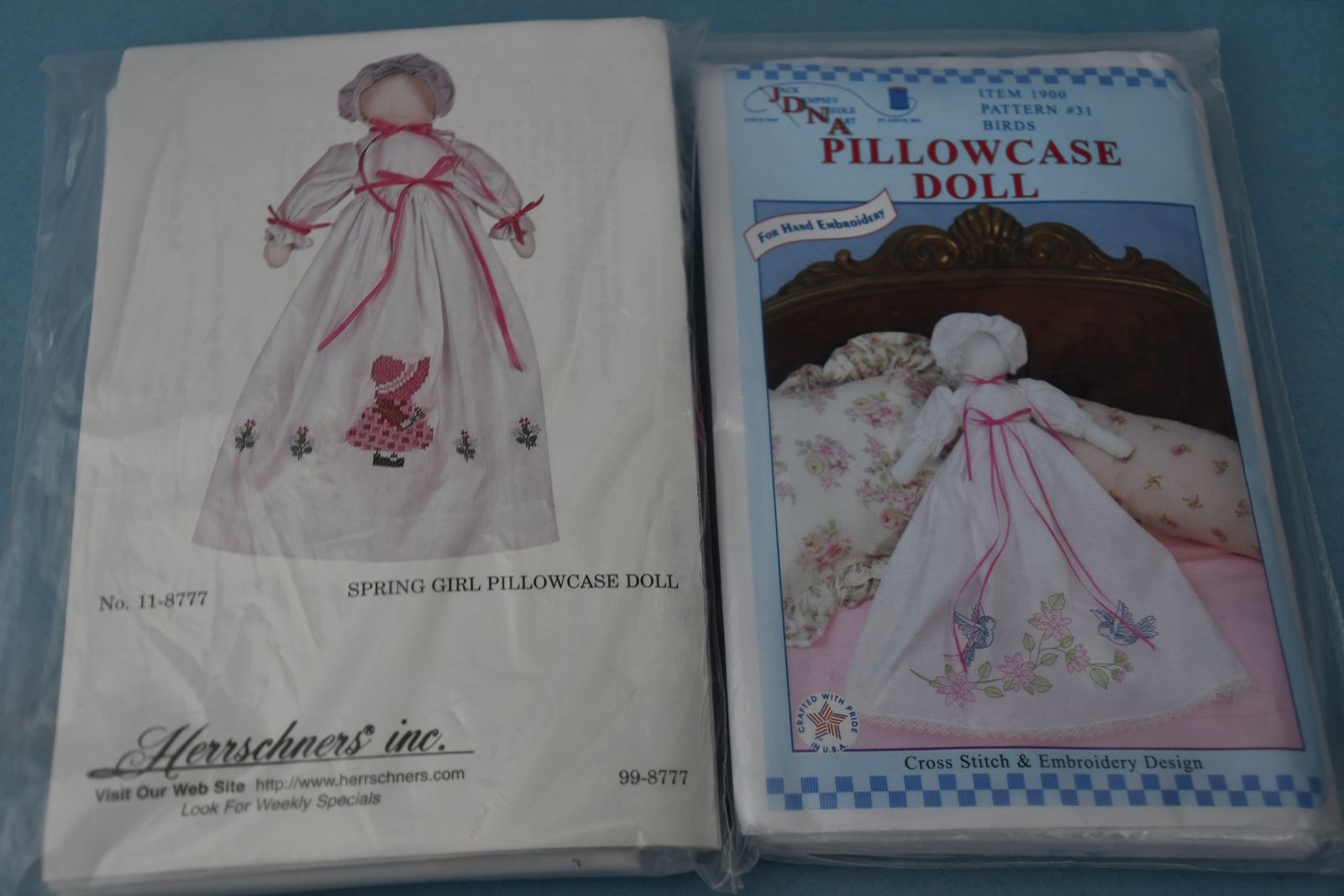 2 NEW PILLOWCASE DOLL KITS ~ SPRING GIRL & BIRDS ~ EMBROIDERY ~ PIONEER ~ BOTH FOR $5