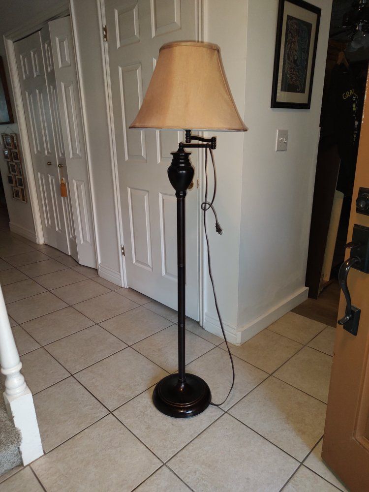 Adjustable Arm Floor Lamp with Tan Shade - Bronze Finish, Traditional Style