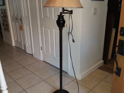 Adjustable Arm Floor Lamp with Tan Shade - Bronze Finish, Traditional Style