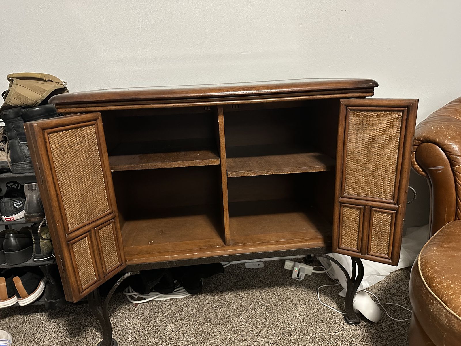 Wooden Sideboard Cabinet with Rattan Doors and Glass Top