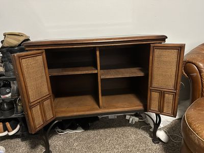 Wooden Sideboard Cabinet with Rattan Doors and Glass Top