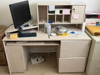 Light Oak Finish Computer Desk with Hutch, Keyboard Tray & Storage Drawers