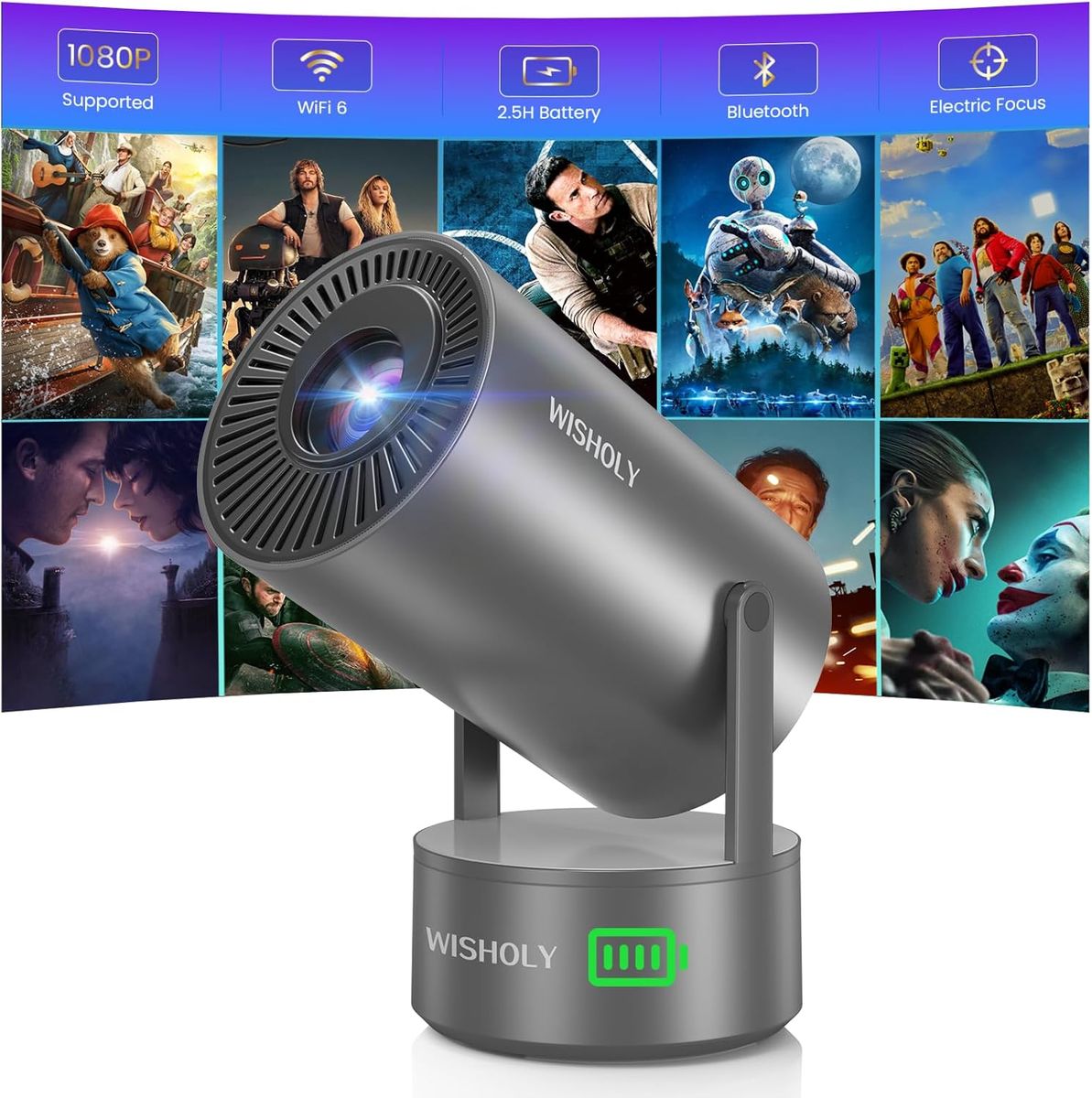 NEW Projector with WiFi and Bluetooth, Mini Portable Projector with Built-in Rechargeable Battery 080P Supported