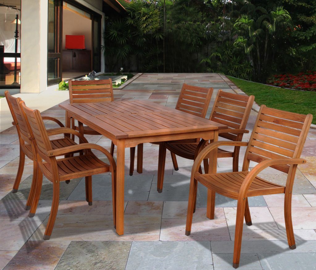 Amazonia Patio Dining Rectangular Table Outdoor 59"x33"x29" with Umbrella Hole Eucalyptus Wood Teak