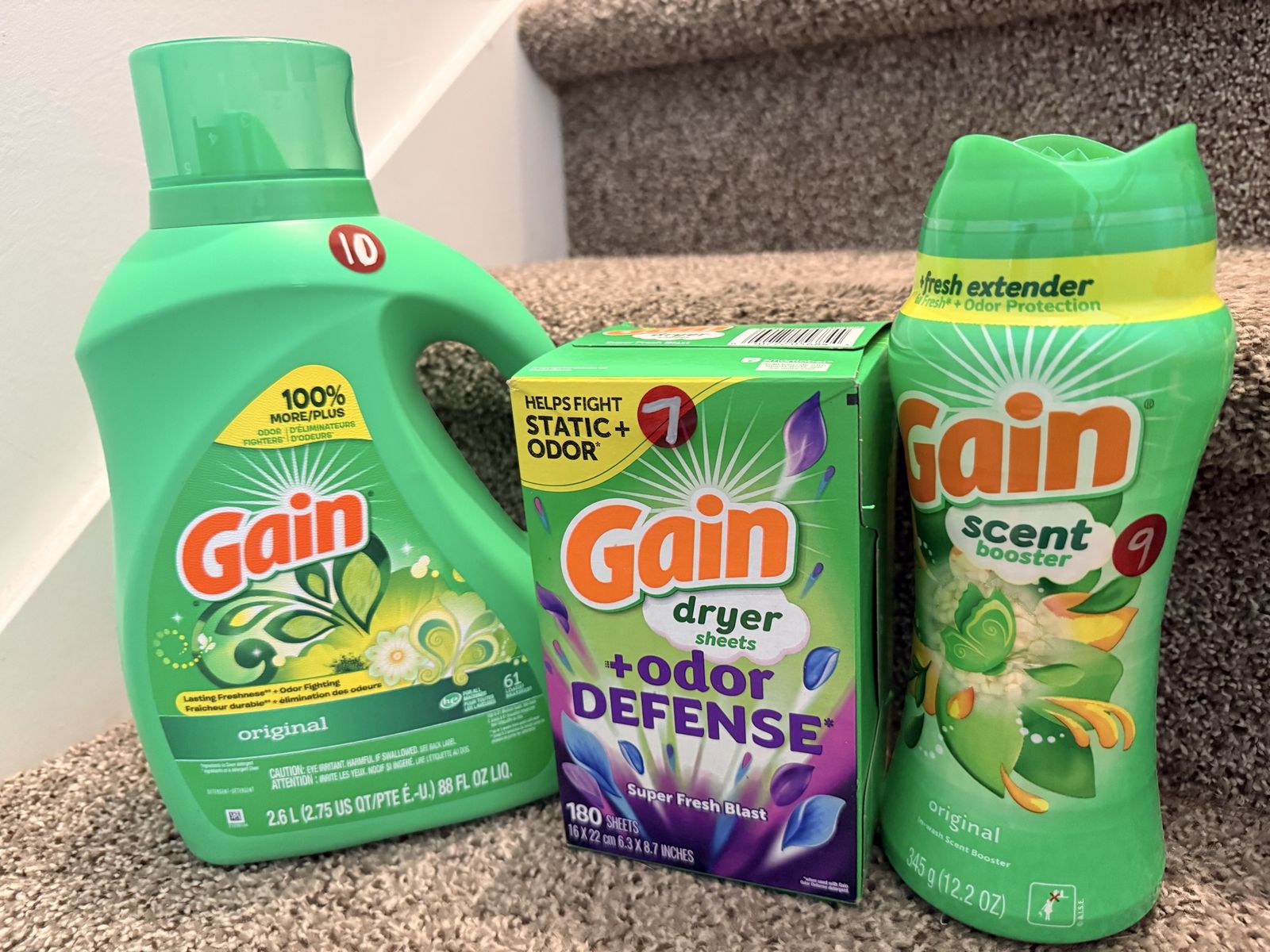 Gain Laundry Bundle: Original Liquid Detergent (88oz), Odor Defense Dryer Sheets (180ct), Scent Booster (12.2oz)