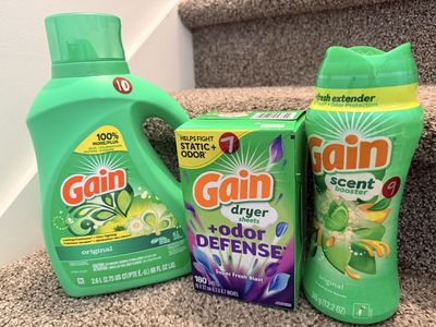 Gain Laundry Bundle: Original Liquid Detergent (88oz), Odor Defense Dryer Sheets (180ct), Scent Booster (12.2oz)
