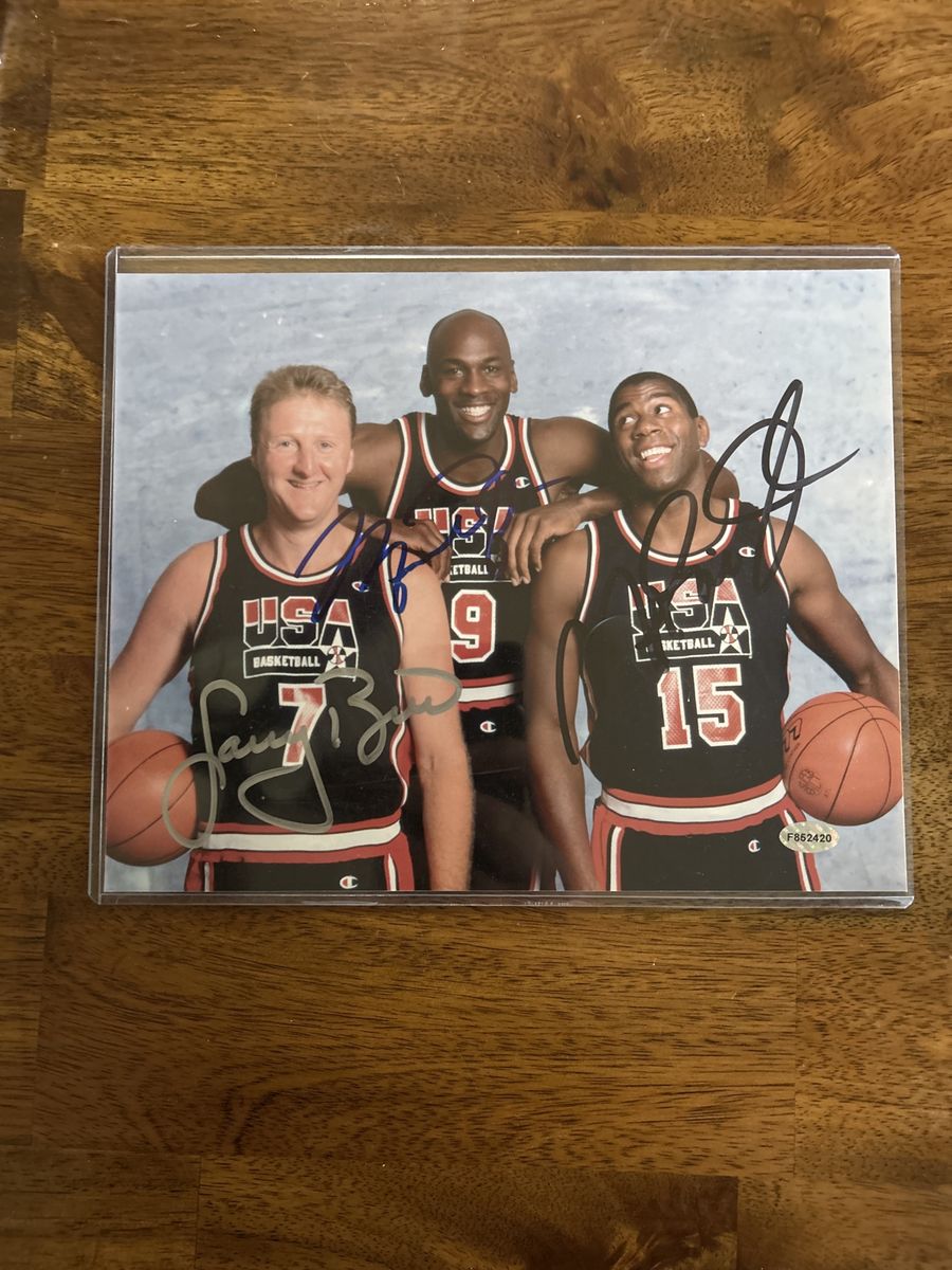 Michael Jordan, Larry Bird, Magic Johnson Triple Autograph USA Olympic NBA Basketball 8x10 Photo Hand Signed w/COA sticker