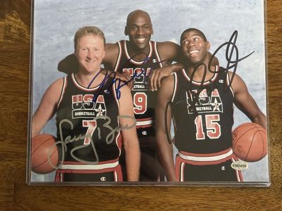 Michael Jordan, Larry Bird, Magic Johnson Triple Autograph USA Olympic NBA Basketball 8x10 Photo Hand Signed w/COA sticker