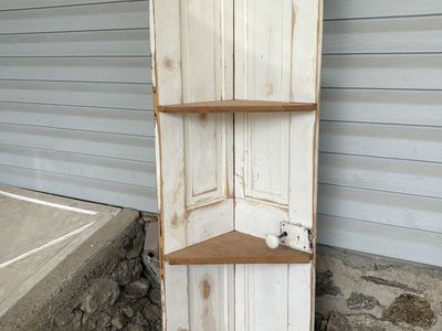 Rustic Shabby Chic Corner Shelf Unit - Distressed White Finish with Wood Shelves