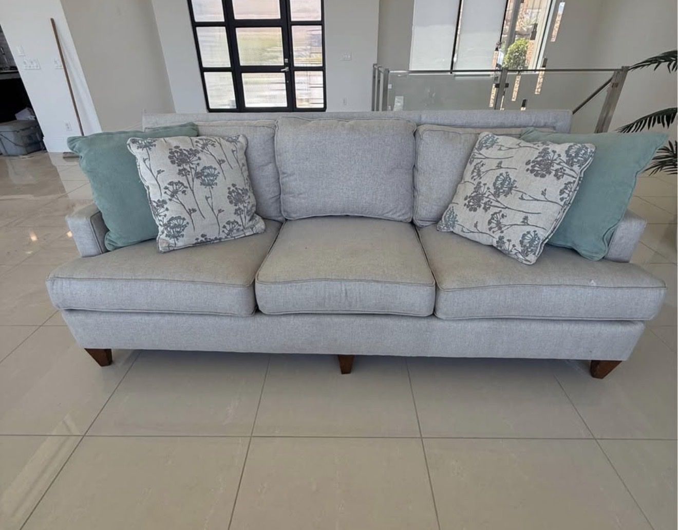 2 Light Gray Fabric Sofa Couches with Wood Legs - 3 Seater
