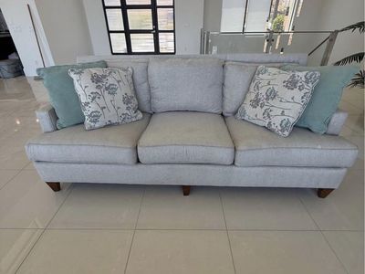 2 Light Gray Fabric Sofa Couches with Wood Legs - 3 Seater