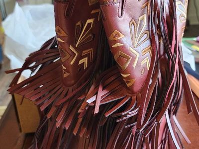 Women's Size 6 Leather Western Fringe Boots - Red with Embroidered Details
