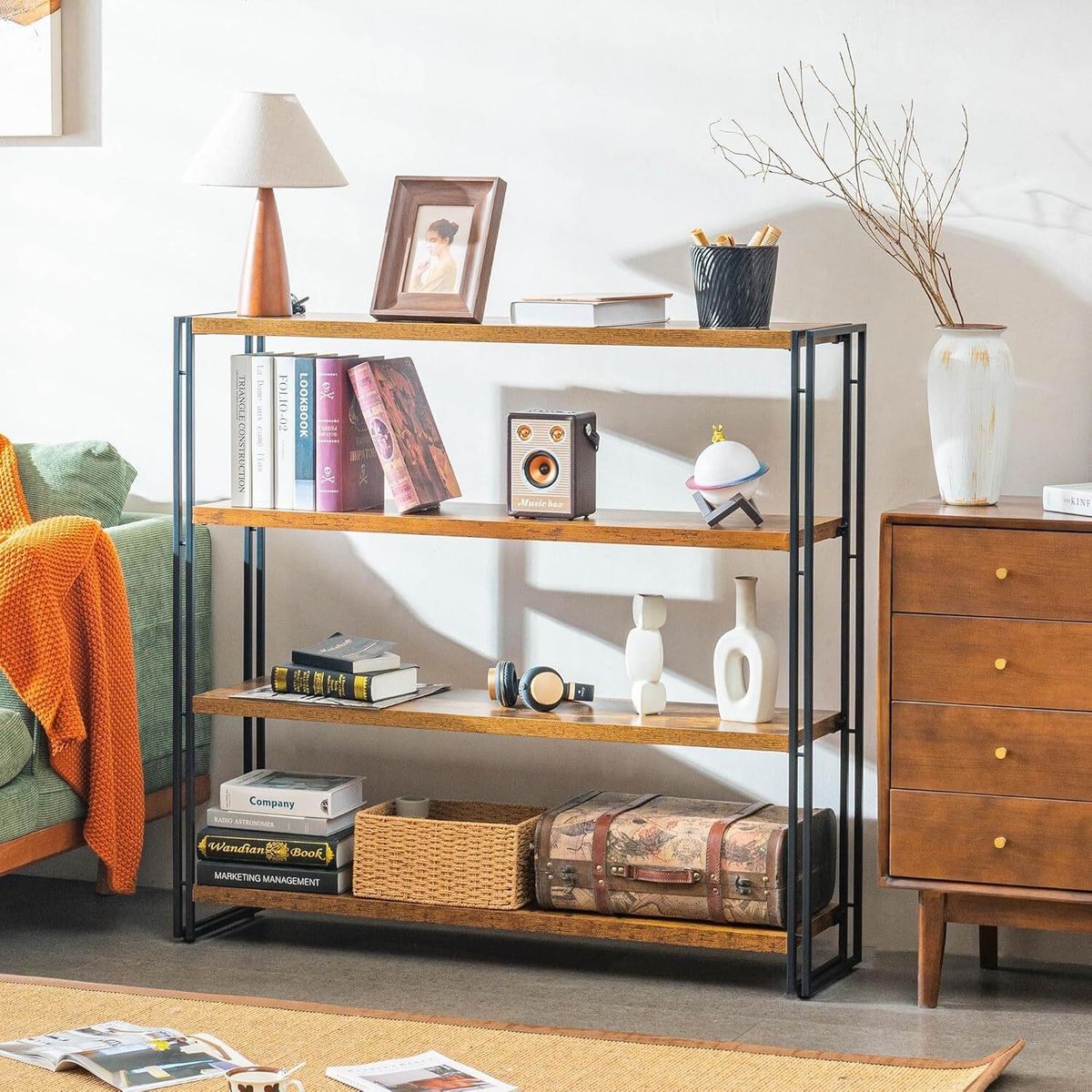 Bookshelf, 4 Tier Tall Book Shelf, 47 inch Wide Industrial Bookcase for Living Room, Home Office, Kitchen Rustic Brown