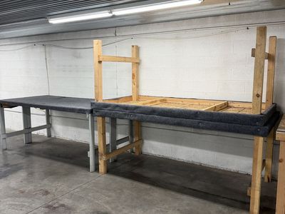 Custom Wooden Industrial Workbenches & Assembly Tables with Carpeted Tops