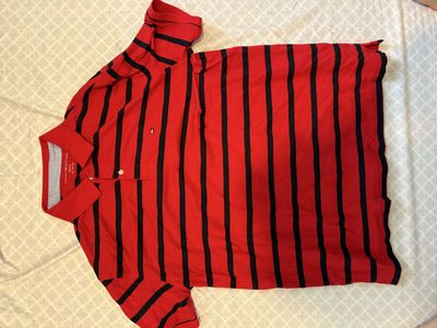 Tommy Hilfiger Men's XL Red Black Striped Short Sleeve Regular Fit Polo Shirt