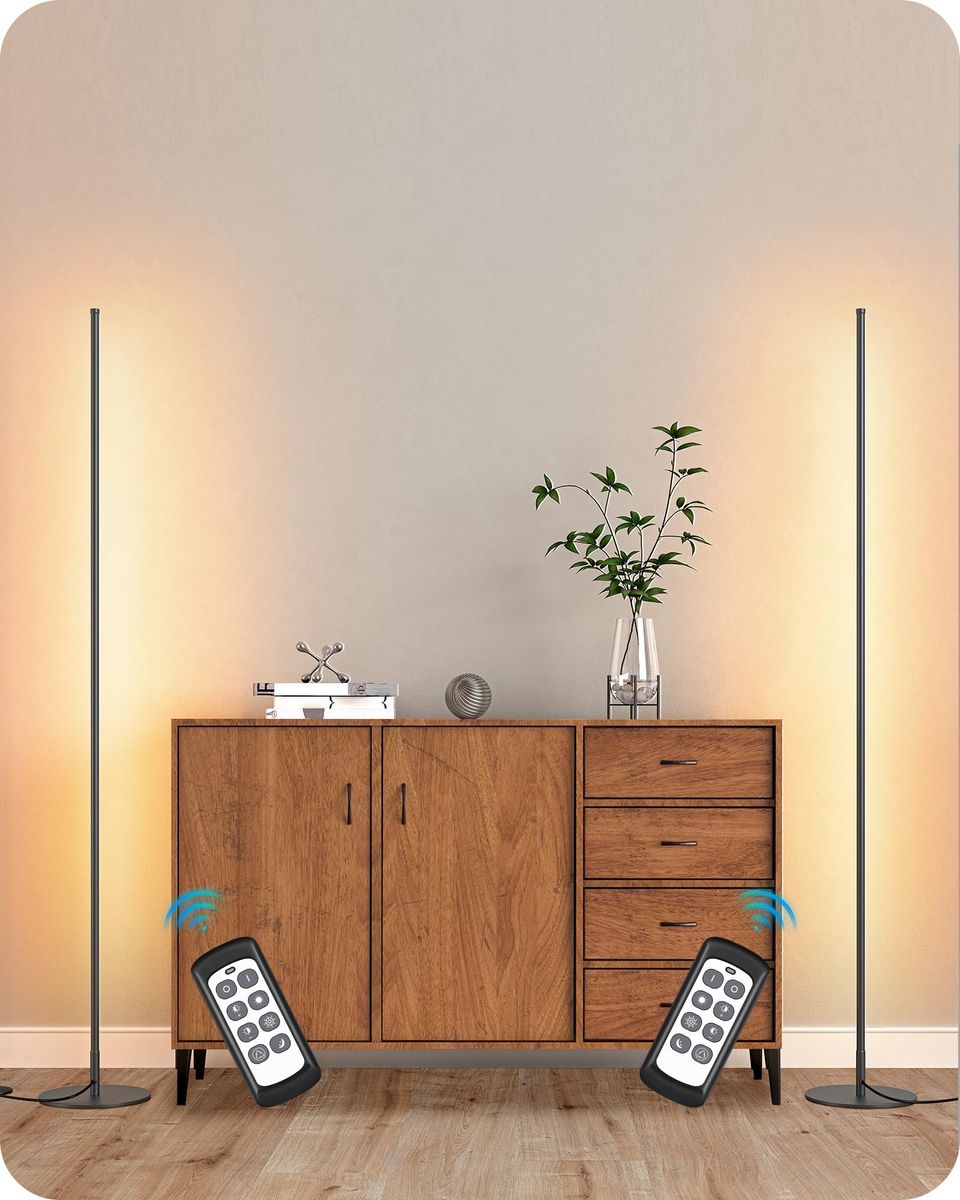 Brand New Set of 2 Minimalist Black LED Corner Floor Lamps with Remotes