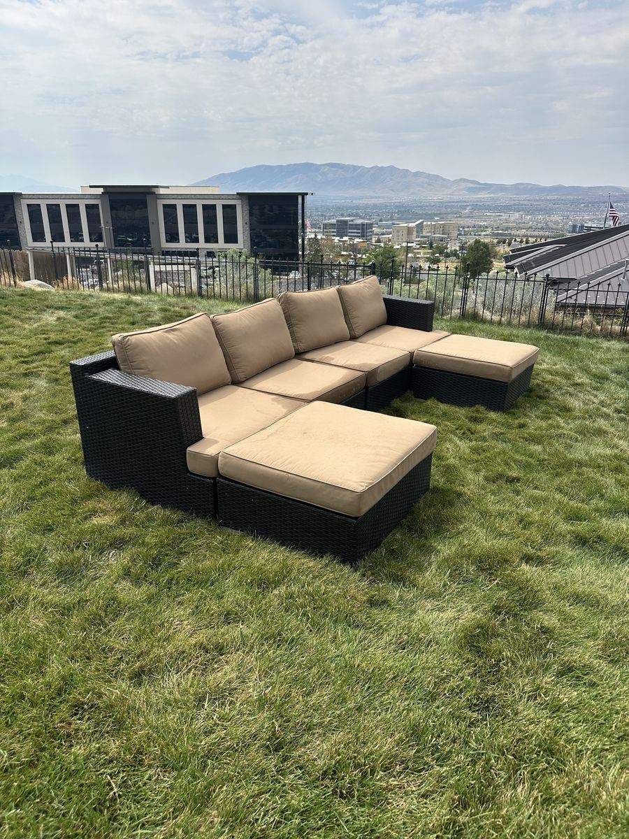 Outdoor Wicker Patio Sectional Sofa Set with Tan Cushions