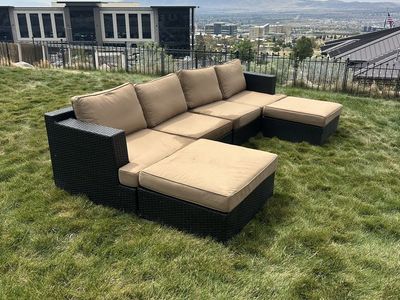 Outdoor Wicker Patio Sectional Sofa Set with Tan Cushions