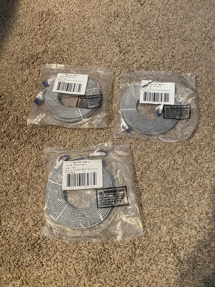 3-Pack Maximm Cable 25ft CAT7 S/FTP White Slim Flat Ethernet Cable - Brand New