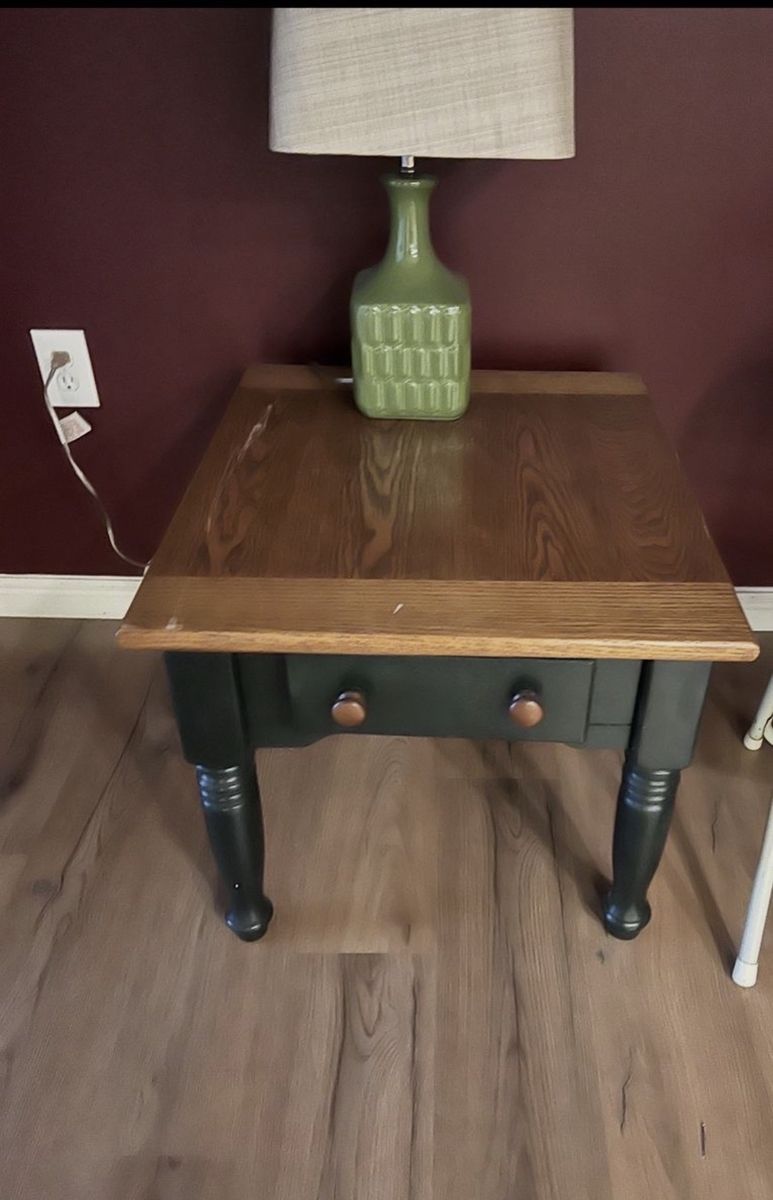 Rustic Wood End Table with Drawer - Dark Green & Natural Wood Finish