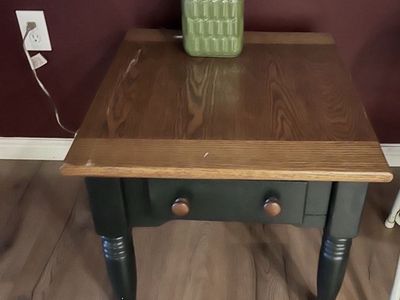 Rustic Wood End Table with Drawer - Dark Green & Natural Wood Finish