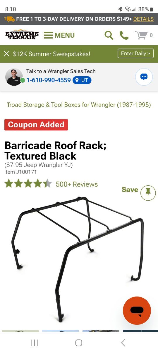 Barricade Roof Rack Textured Black for 1987-1995 Jeep Wrangler YJ